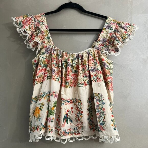 Farm Rio Delicate Forest Scarves Square Neck Embroidered Blouse - Picture 7 of 8